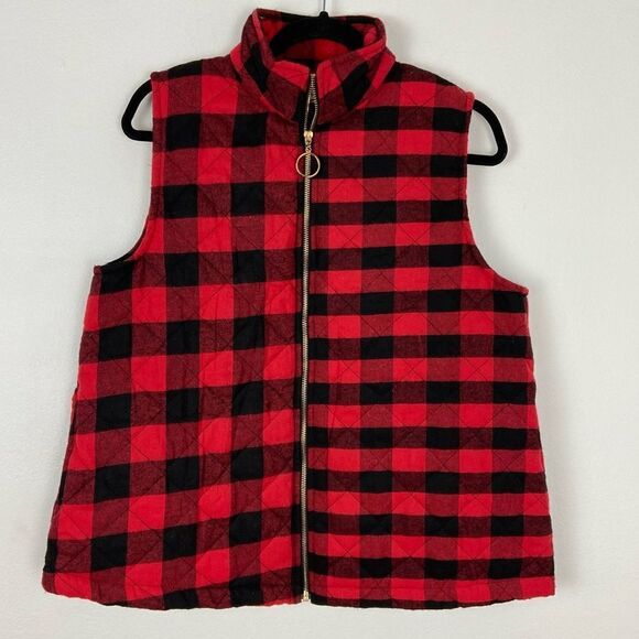 Women's Black Red Buffalo Check Vest Holidays Christmas Cabin Checkered Medium - Picture 1 of 14
